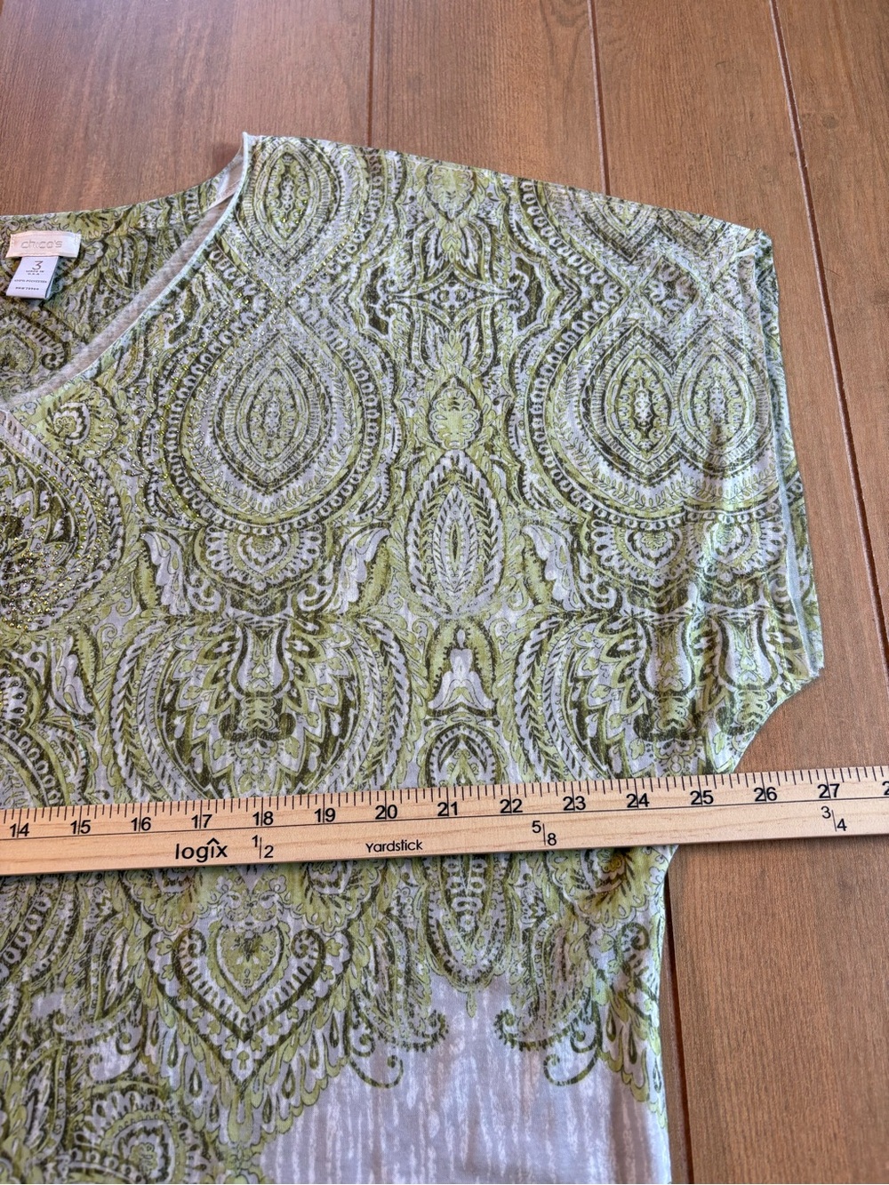 Chico's Paisley V-Neck Top Women 3 XL Green Rhinestone Embellished Boho Blouse - Picture 9 of 11